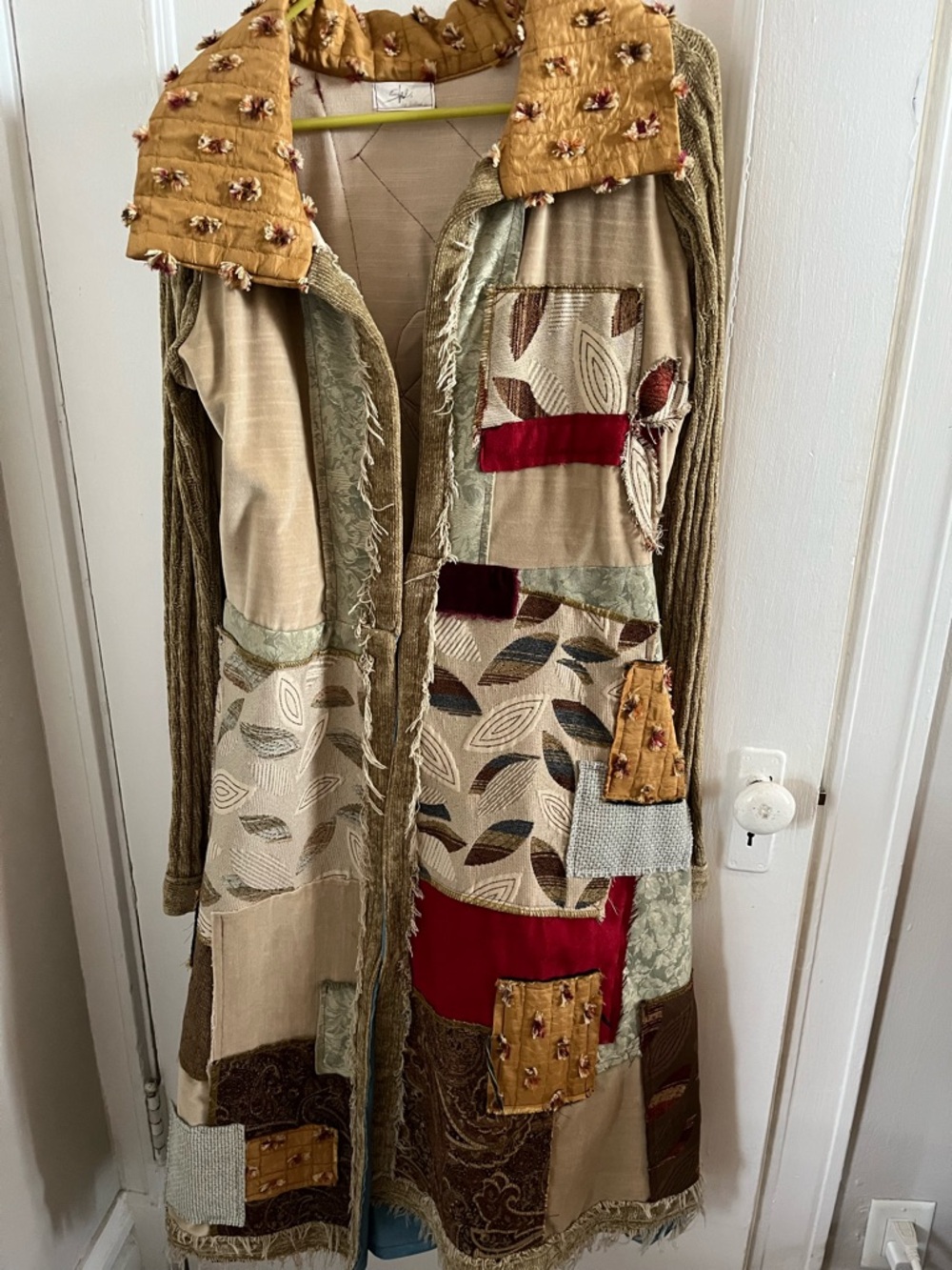 Bohemian Patchwork Duster Coat in Olive, Mustard & Burgundy